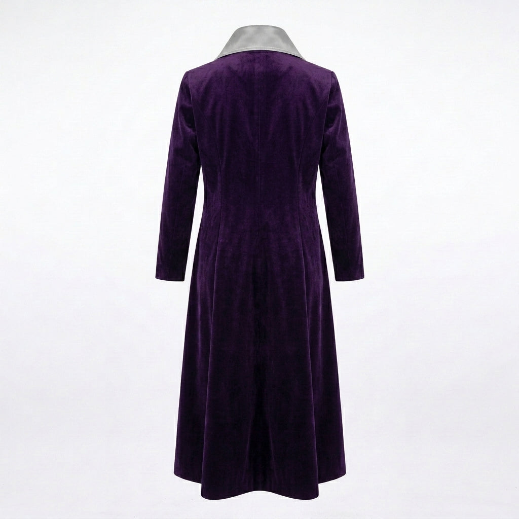 Purple Velvet Long Coat - Star Button Military Style Jacket