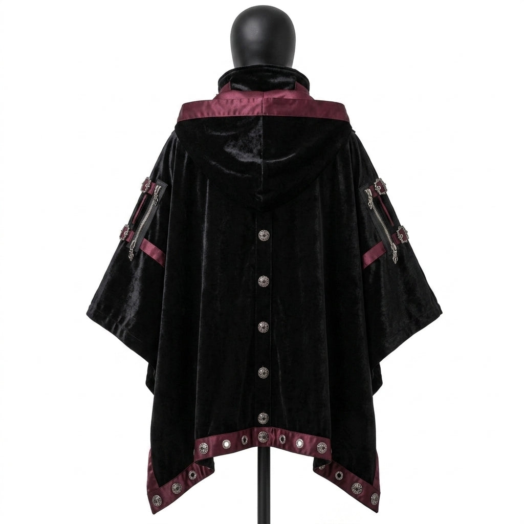 Gothic Hooded Poncho Cloak - Black Velvet Cyberpunk Cape
