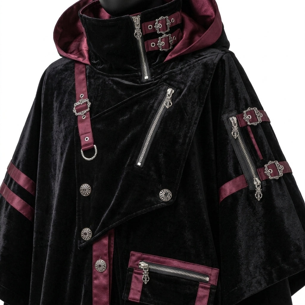 Gothic Hooded Poncho Cloak - Black Velvet Cyberpunk Cape