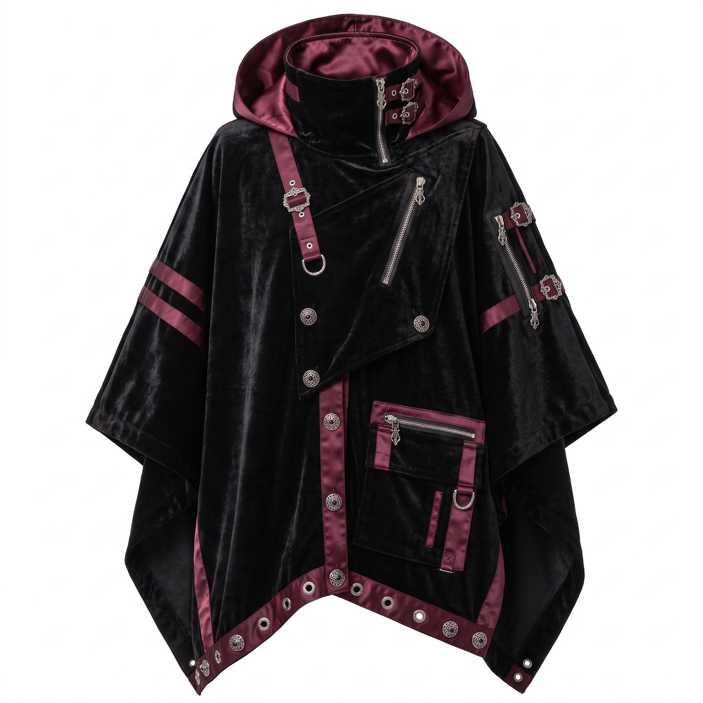 Gothic Hooded Poncho Cloak - Black Velvet Cyberpunk Cape
