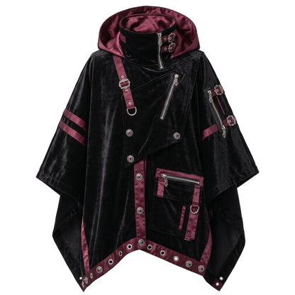 Gothic Hooded Poncho Cloak - Black Velvet Cyberpunk Cape