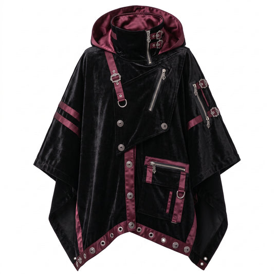 Gothic Hooded Poncho Cloak - Black Velvet Cyberpunk Cape
