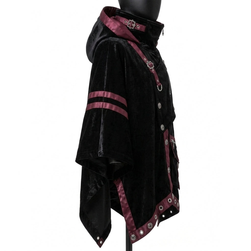Gothic Hooded Poncho Cloak - Black Velvet Cyberpunk Cape