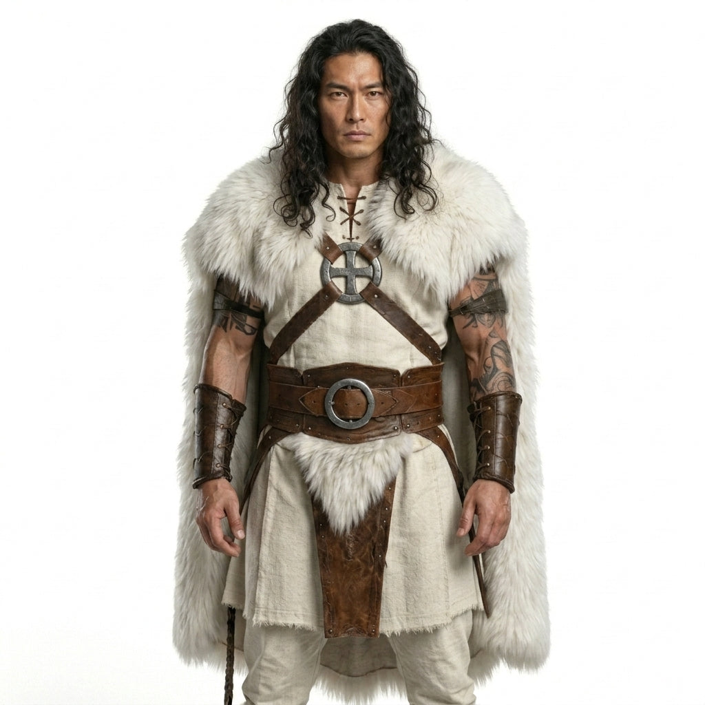 Barbarian Warrior Costume Set -  White Fur Cloak Cosplay Outfit