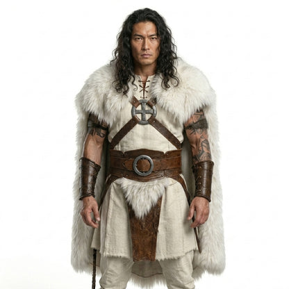 Barbarian Warrior Costume Set -  White Fur Cloak Cosplay Outfit