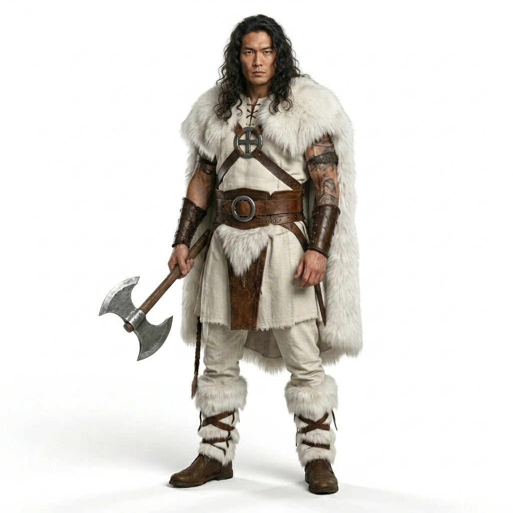 Barbarian Warrior Costume Set -  White Fur Cloak Cosplay Outfit