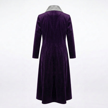 Purple Velvet Long Coat - Star Button Military Style Jacket
