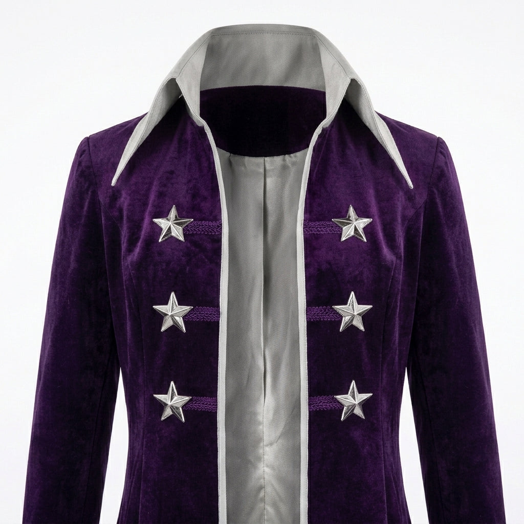Purple Velvet Long Coat - Star Button Military Style Jacket