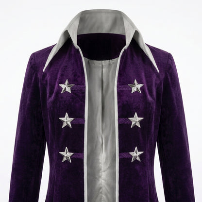 Purple Velvet Long Coat - Star Button Military Style Jacket