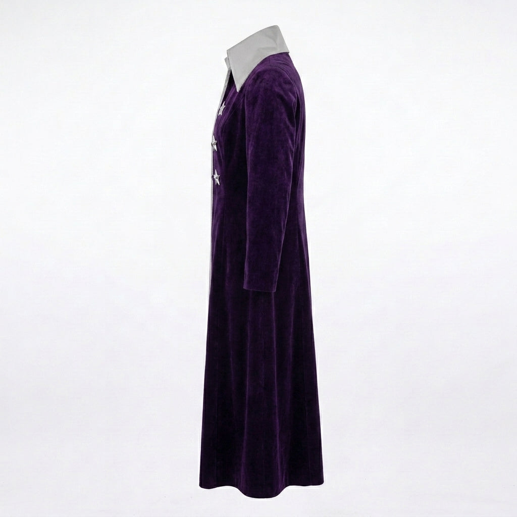 Purple Velvet Long Coat - Star Button Military Style Jacket