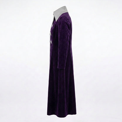 Purple Velvet Long Coat - Star Button Military Style Jacket