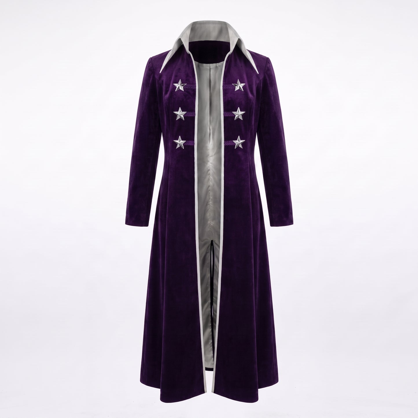 Purple Velvet Long Coat - Star Button Military Style Jacket