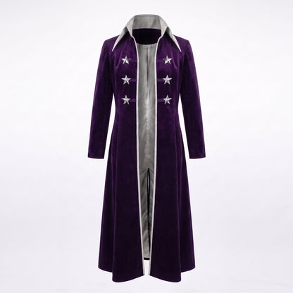 Purple Velvet Long Coat - Star Button Military Style Jacket