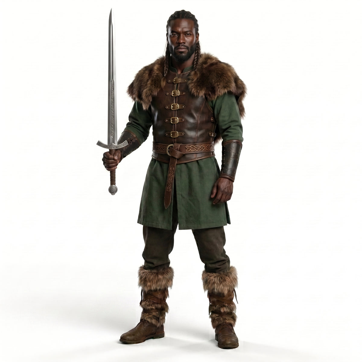 Medieval Ranger leather Costume Set - Green Fur-Trim Warrior Outfit
