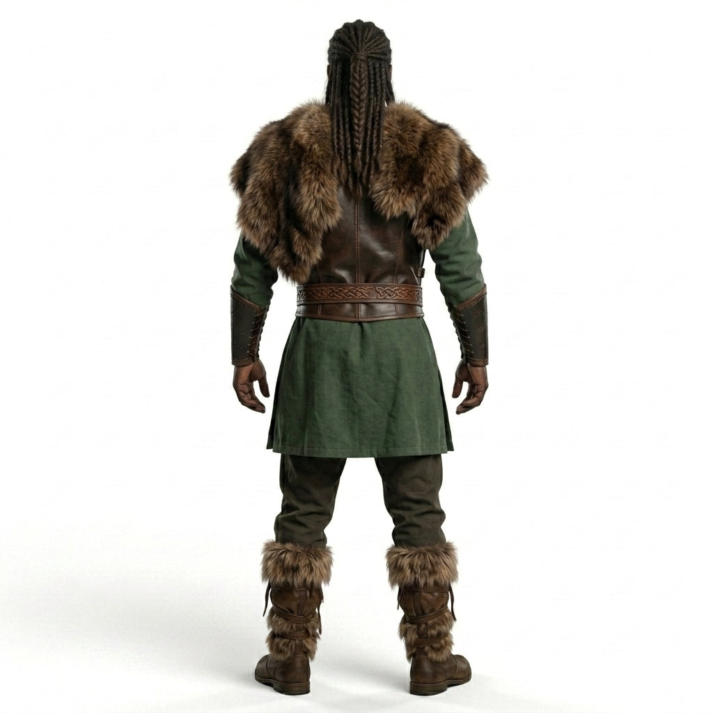Medieval Ranger leather Costume Set - Green Fur-Trim Warrior Outfit