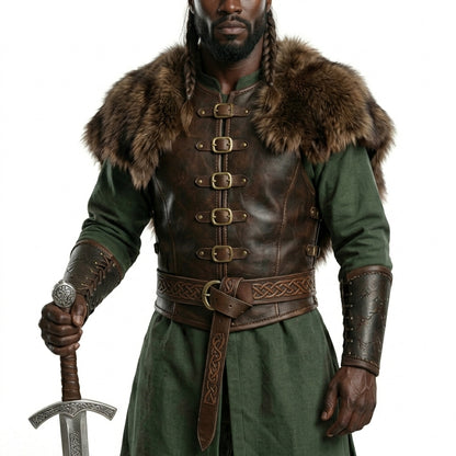 Medieval Ranger leather Costume Set - Green Fur-Trim Warrior Outfit